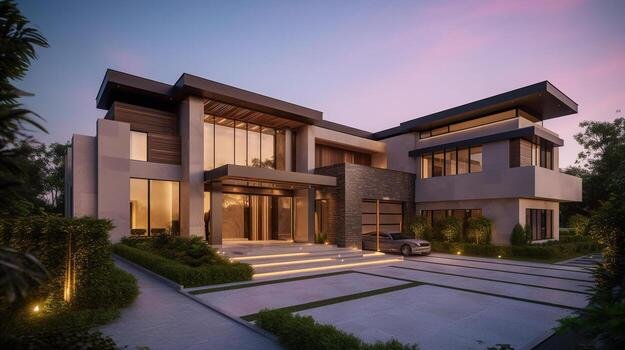 Shops ai generative exterior of modern luxury house with garden and beautiful sky photo (3)
