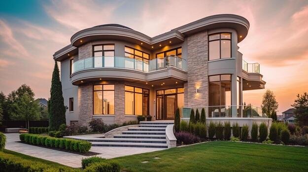 Home ai generative exterior of modern luxury house with garden and beautiful sky photo (5)