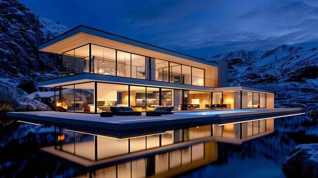 Home modern house with infinity pool reflecting snowy mountains at dusk photo